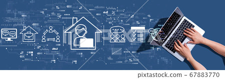 Remote Work theme with woman using a laptop Remote Work theme with woman using a laptop 67883770