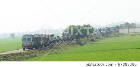 Long queue traffic of heavy cargo lorry trucks Long queue traffic of heavy cargo lorry trucks 67885386