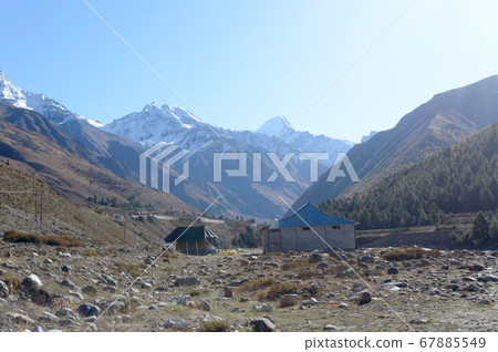 A mountain Alpine hut cabin in high Himalayas 67885549