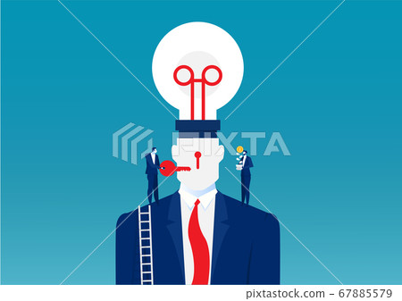Business man in a suit holding a light bulb on top head human chang idea concept 67885579