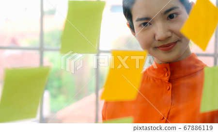 Business people work on project planning board Business people work on project planning board 67886119
