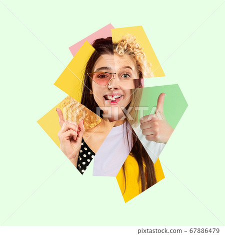 Surreal portrait of woman made of different pieces of photos. Art collage. Surreal portrait of woman made of different pieces of photos. Art collage. 67886479