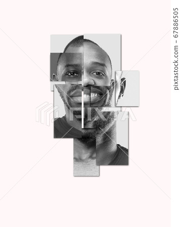 Surreal portrait of man made of different pieces of photos. Art collage. 67886505