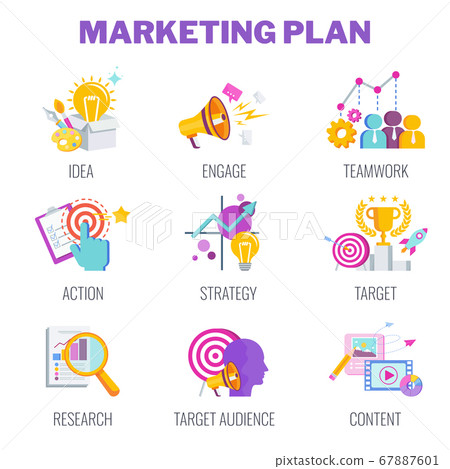 Marketing plan icons. Marketing mix infographic flat vector illustration. Marketing plan icons. Marketing mix infographic flat vector illustration. 67887601