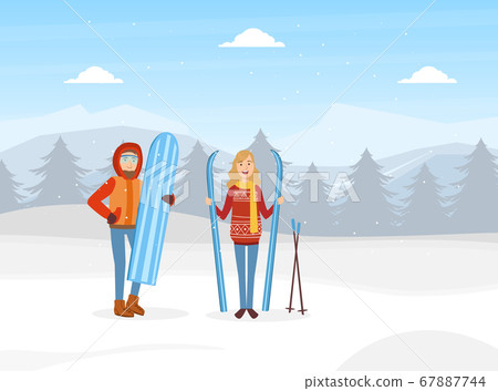 Cheerful Young Man and Woman Dressed in Warm Clothing Standing with Skis and Snowboard on Snowy Landscape, Winter Sports Outdoor Activities Vector Illustration 67887744