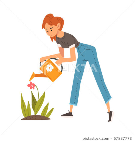 Beautiful Young Woman Watering Flowers In The Stock Illustration