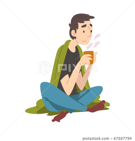 Guy Sitting Under Cozy Plaid Enjoying Hot Drink Mug, Man Drinking Beverage Wrapped in Green Blanket Vector Illustration 67887794