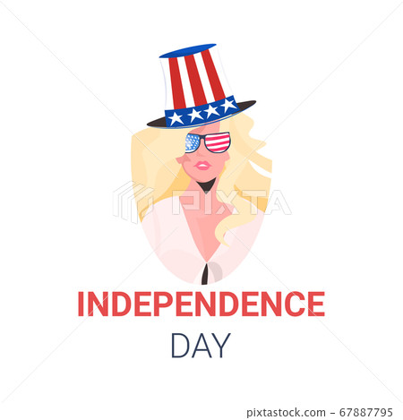woman in festive hat with usa flag celebrating 4th of july american independence day celebration concept 67887795
