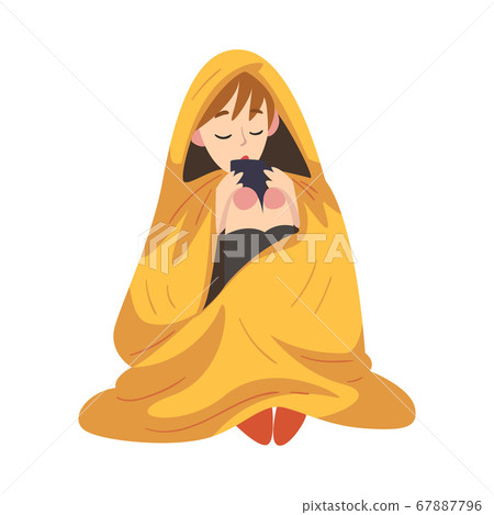 Guy Sitting Under Cozy Plaid Enjoying Hot Drink Mug, Teen Boy Drinking Beverage Wrapped in Yellow Blanket Vector Illustration 67887796