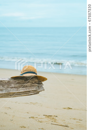 Sea, driftwood and straw hat 67887830