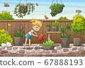 Little Girl Watering Flowers. 67888193