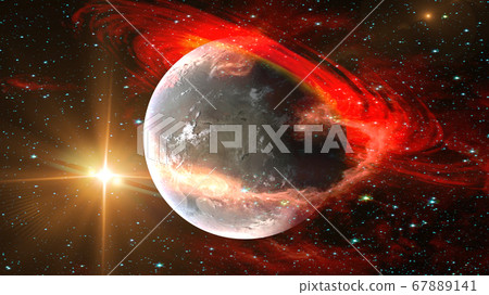 Sunrise view of alien planet from space with red 67889141