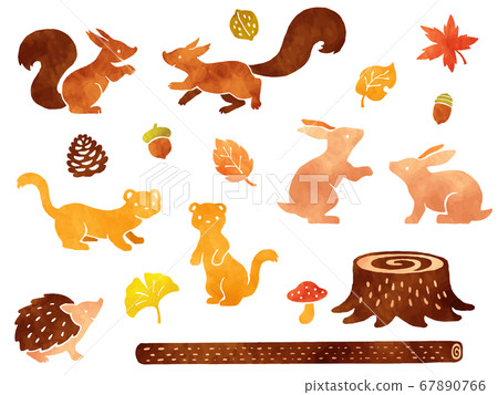 Watercolor style illustration set of small animals in the forest and autumn leaves Watercolor style illustration set of small animals in the forest and autumn leaves 67890766