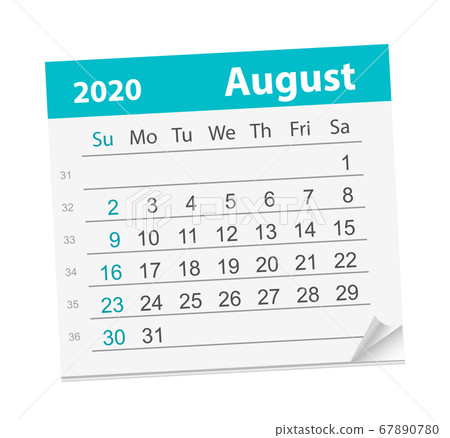 Calendar sheet for the month of August 2020. 67890780