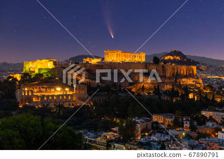 Comet Neowise C/2020 F3 at sunet over the Acropolis, Athens, Greece. 67890791