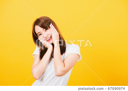 woman teen stand surprised excited celebrating 67890974