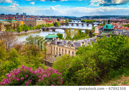 Picturesque panorama of Prague cityscape from the hill, Czech Republic  67892308