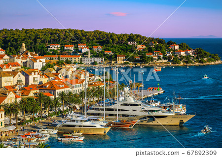 Hvar resort view with luxury harbor from the hill, Croatia 67892309