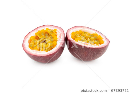 Passion fruit isolated. Two halves of maracuya passionfruit isolated on white background. With clipping paths. 67893721