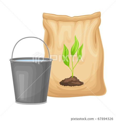 Water Bucket and Pack with Synthetic Fertilizer for Soil and Plant Growth Vector Illustration 67894326