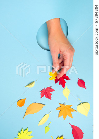 Close up of human hand protruding through hole in blue background, Autumn concept Close up of human hand protruding through hole in blue background, Autumn concept 67894884