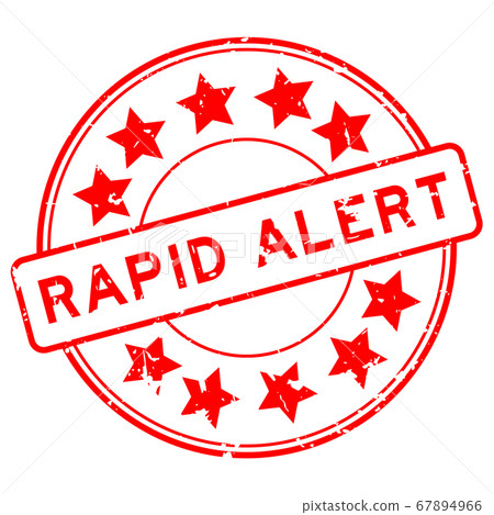 Grunge red rapid alert word with star icon round stamp on white background 67894966