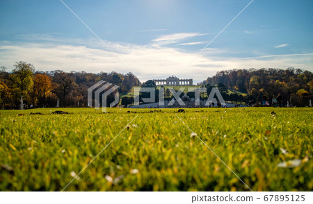 Green field before Schonbrunn Palace in Vienna on a blue sky background. 67895125