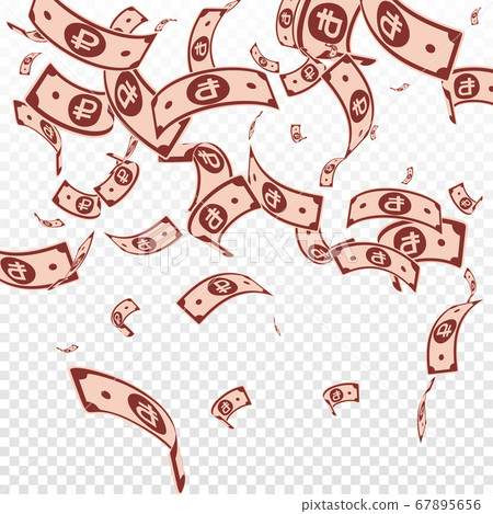 Russian ruble notes falling. Random RUB bills on t 67895656