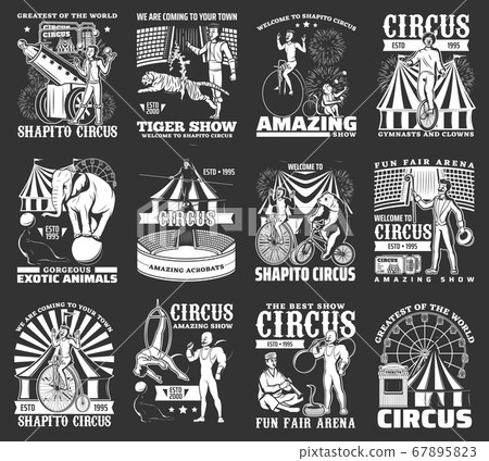 Circus icons monochrome, funfair carnival vintage Circus icons monochrome, funfair carnival vintage 67895823