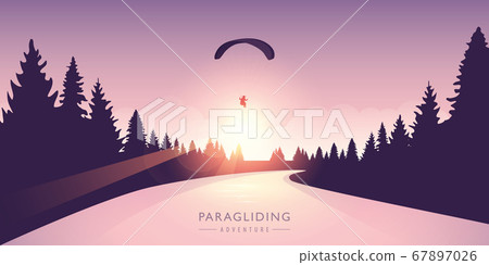 paragliding adventure by the river in a forest at sunrise paragliding adventure by the river in a forest at sunrise 67897026