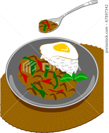 泰國食品Gapao米飯（gapao和草藥）絞肉炒羅勒 67897342