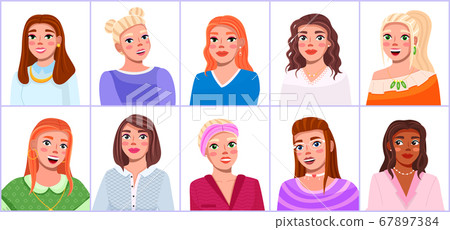 Girls portraits to waist with different hairstyles and color. Set of cute girls portraits in different types 67897384
