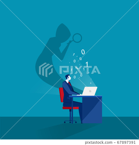 businessman looking on laptop computer with shadow mask stealing passwords and login computer security concept businessman looking on laptop computer with shadow mask stealing passwords and login computer security concept 67897391