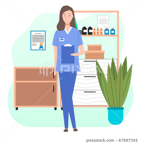 Veterinary care flat illustration. Veterinarian doctor female character in the medical office 67897393