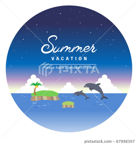 夜間跳躍的海豚和大海的圓形框架[帶有標題字符] 67898307