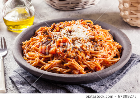 Spaghetti bolognese with mushrooms and cheese. Spaghetti bolognese with mushrooms and cheese. 67899275