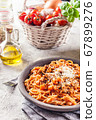 Spaghetti bolognese with mushrooms and cheese. 67899276