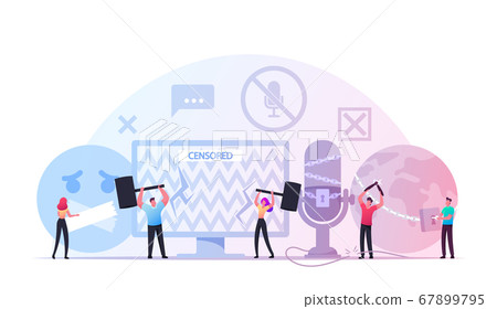 Characters Fighting with Censorship. People Remove Tape from Mount, Cut Chains and Censored Info. Freedom of Speech 67899795