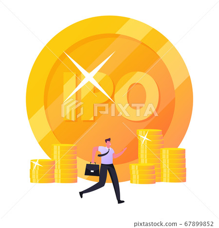 Initial Public Offering. Tiny Businessman Male Character, or Trader with Briefcase Passing ny Huge Golden IPO Coin Initial Public Offering. Tiny Businessman Male Character, or Trader with Briefcase Passing ny Huge Golden IPO Coin 67899852