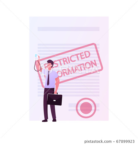 Insider, Compromising Material. Tiny Male Character Federal Agent with Access Card Stand at Huge Folder with Secret Info Insider, Compromising Material. Tiny Male Character Federal Agent with Access Card Stand at Huge Folder with Secret Info 67899923