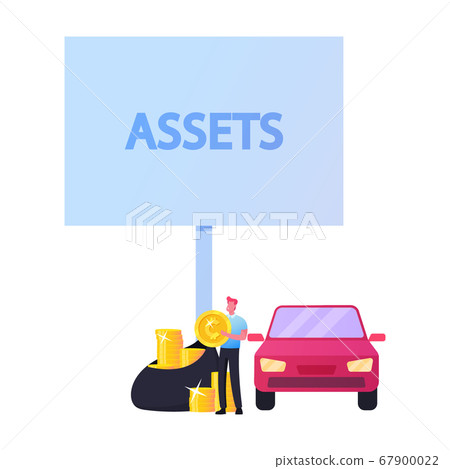 Assets, Budget Planning, Valuable and Profitable Property. Man Put Huge Golden Coins into Sack stand at Car and Banner Assets, Budget Planning, Valuable and Profitable Property. Man Put Huge Golden Coins into Sack stand at Car and Banner 67900022