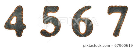 Set of numbers 4, 5, 6, 7 made of leather. 3D render font with skin texture isolated on white background. 67900619