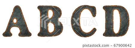 Set of leather letters A, B, C, D uppercase. 3D render font with skin texture isolated on white background. Set of leather letters A, B, C, D uppercase. 3D render font with skin texture isolated on white background. 67900642