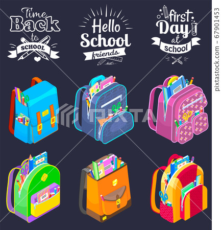 Back to school concept, black vector banner with bright schoolbags. Quote with school supplies 67901453
