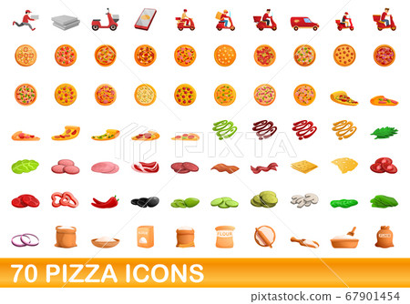 70 pizza icons set, cartoon style 67901454