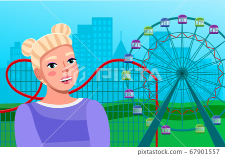 Young girl near ferris wheel with colored cabins and a roller coaster ride amid large city buildings 67901557