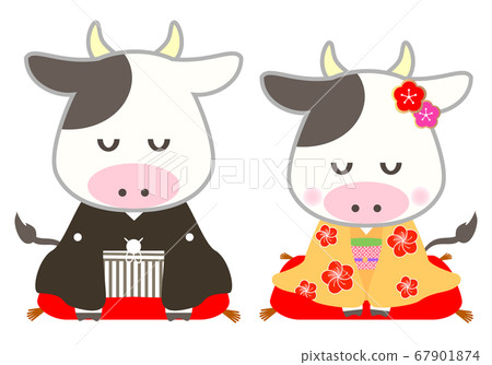 Illustration of a cute cow sitting in a kimono Pair Illustration of a cute cow sitting in a kimono Pair 67901874