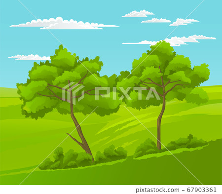 Beautiful landscape with green hills and trees, sky with clouds at background horizon, summer time 67903361
