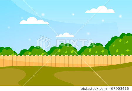 Blue sky background with decorative picket wooden fence and grass. Garden fencing, summer backyard Blue sky background with decorative picket wooden fence and grass. Garden fencing, summer backyard 67903416