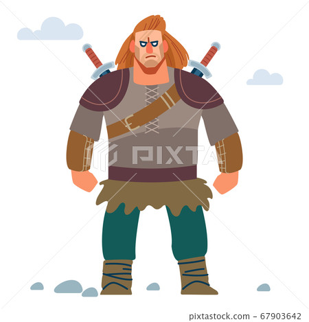 Warrior Northerner. Medieval young Viking in armor with two swords. Vector isolated on white background with dragon. Flat style 67903642
